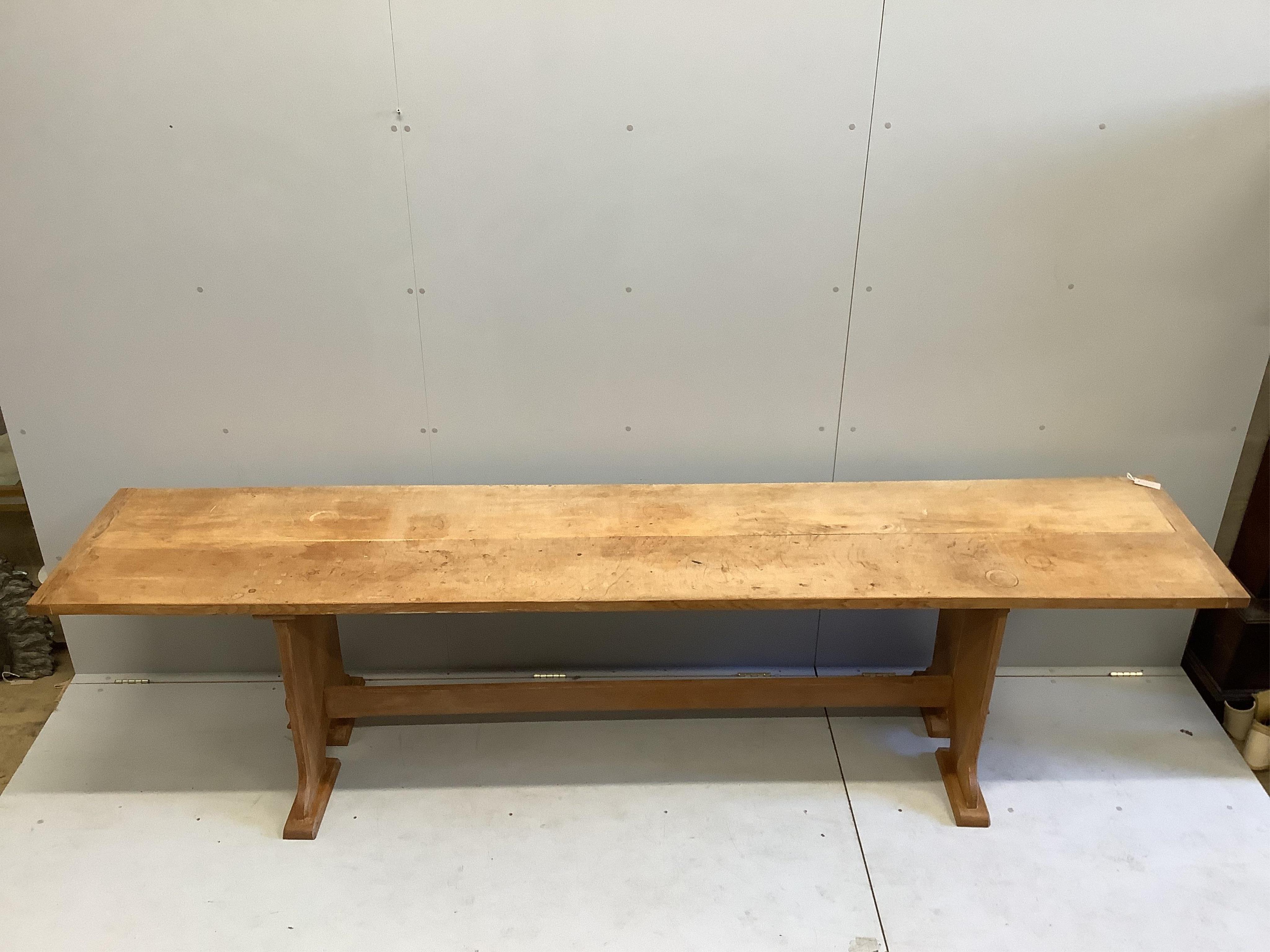 A bespoke oak narrow rectangular serving table, width 302cm, depth 59cm, height 76cm. Condition - fair